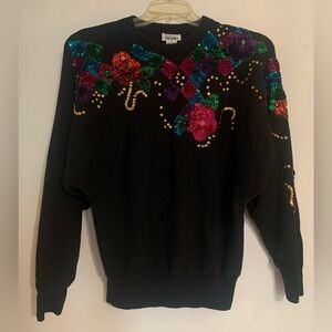 Vintage 80s 90s “Mister Noah” Sequined Black Crew Neck Sweater Tacky Mobwife